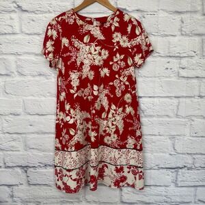 J. Jill Wearever Floral Shift Dress Womens S Petite Red Cream Short Sleeve